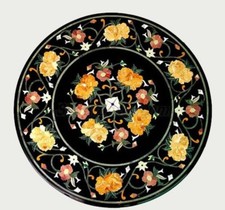 24 " Noir Rond Marbre Café Table Haut Incrustation Travail Artisanat Décor