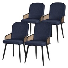 Chaises salle à manger tissu bleu foncé accoudoirs en rotin pieds métal lot de 4