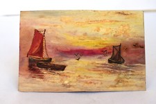 Antique Peinture Eau Couleur Voilier Storm Chez Mer Main Peint Soirée Sunlig " 4
