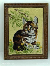 SUPERBE TAPISSERIE CANEVAS FAIT MAIN   Chat Chaton Encadré 