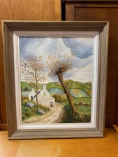 PEINTURE HUILE TOILE SIGNEE STYLE POINTILLISME VILLAGE DE CAMPAGNE AVEC CADRE