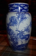 Antique Chinese vase blue white porcelain crane decor Qing 19th century