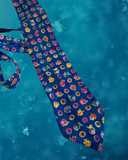 Gianni Versace Vintage 90s Tie Royal Blue Floral Pop Art Pattern 100% Silk Italy