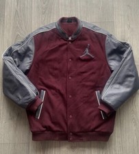 Vintage Air Jordan Flight Leather Sleeve Wool Varsity Jacket Size L Burgundy