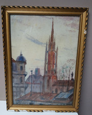 Aquarelle de Léopold Pradere Partenay " Clocher de l'Eglise St Hilaire d'Agen"