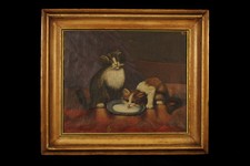 Ancienne peinture à l'huile, chats buvant du lait, art populaire France c.1820 