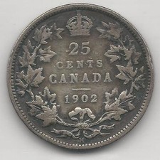 CANADA,  1902-H,  25 CENTS,  SILVER,  KM#11,  FINE-VERY FINE