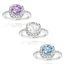 925 Argent Pierre Précieuse & Diamant Carré Bague - 3 Options