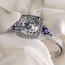 Bague de fiançailles halo en moissanite blanche coupe ronde 2 carats or blanc...