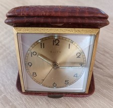 Réveil de voyage Ancien ELITE dans son étui en cuir marron, vintage,décoration