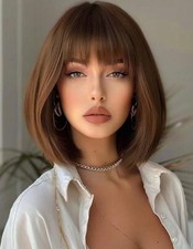 Perruque Synthétique Brun Clair Courte Lisse A Frange 35cm +4 Bonnet