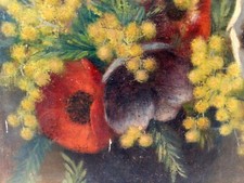 Tableau huile sur panneau signé S.OUDART " Mimosas Coquelicot " 