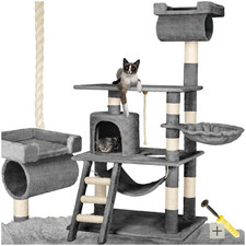 Arbre à Chat TECTAKE 141cm Gris, Griffoir, Hamac, Corde, Cabane