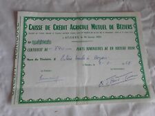 Vintage certificate Stocks Bonds casse credit agricole mutuel de beziers 1968 