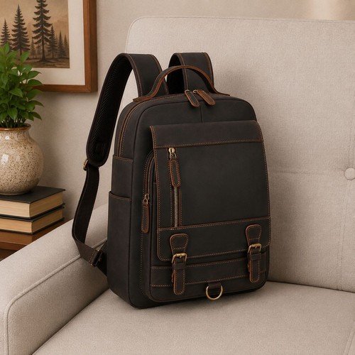 Genuine leather backpack - leather, brown