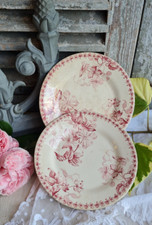 2 ANCIENNES ASSIETTES A DESSERT TERRE DE FER ROSE BORDEAUX SFNGR DECOR FLEURS