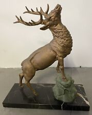 Sculpture Statue Cerf Régule Patine Bronze Doré Socle Marbre Antique Deer Hunt