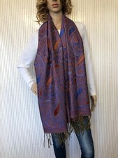 Grande Écharpe à franges Pashmina motif Cachemire bleu rouge orange (129)