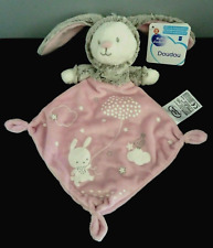 *. DOUDOU PLAT MOTS D'ENFANTS OURS ROSE BLANC GRIS CAPUCHE LAPIN - 100% NEUF