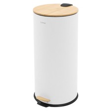 Poubelle à pédale 30L blanche en acier couvercle de bambou fermeture silencieuse