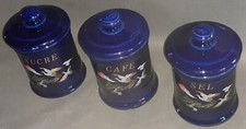 3 pots à épices de faïence Alsacienne couleur bleue cobalt. Sucre, Café, Sel.