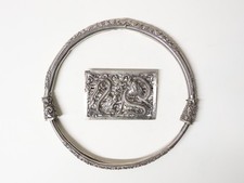 Ancien bel Ensemble Bijoux Torque et Broche Dragon Chine Argent ajouré XIX-XXe