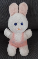 S3 / ancien doudou peluche lapin blanc rose yeux bleus PASTEL vintage