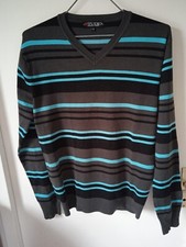 Pull rayé bleu turquoise gris noir Armand Thiery Studio col en V T M m. longues