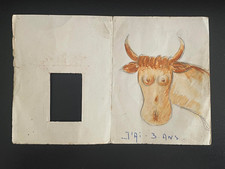 VIEUX PAPIER ANCIEN PETIT DESSIN HUMORISTIQUE TÊTE DE VACHE "J'AI 3 ANS"