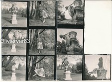 Vintage contact sheet 12 photos - young woman having fun climbing trees, statues