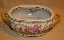 Ancienne jardinière asiatique en céramique craquelée  décor pivoines et poissons