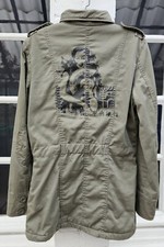 VINTAGE T 34/36 VESTE STYLE MILITAIRE DOUBLÉE VERT KAKI Décor asiatique