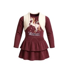 NEUF Robe FILLE manches longues bordeaux – Motif licorne rose – Taille 2 à 12 an