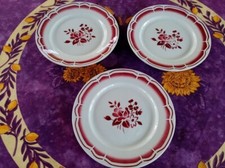 3 Assiettes à Dessert anciennes Faience Fénal Badonviller Déco Floral Rouge 19cm