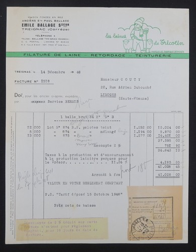 Facture treignac 1948 ballage - treignac,