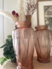 PAIRE DE VASE (2) VERRE PRESSÉ MOULÉ DÉPOLI ROSE ART DÉCO CIRCA 1930 ESPAIVET