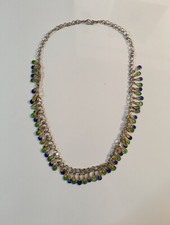 Bijou Ancien Vintage Collier Argenté Paris France Pendentif Perle Vert Bleu Jaun