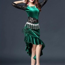 Femme Velours Robe Danse Latin Dentelle Floral Ruche Tango Salsa Rumba Costumes