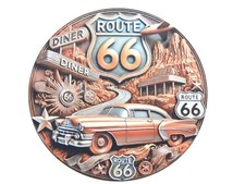 Plaque métal ronde vintage effet 3D Route 66