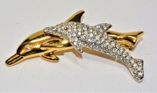 Broche En Forme De Dauphins En Cristal Transparent SWAROVSKI Or/Argenté Marqué