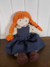 ARTISANAL Poupée chiffon fille cheveux roux écolière robe bleu sac d'école 38cm