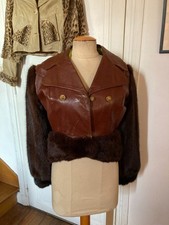 Blouson bombers en cuir roux avec manches, basque et col en vison