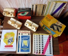 Lot de 3 stéréoscopes, 2 boites, Lestrade et Colorelief + cartes stéréoscopiques