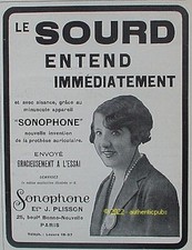PUBLICITE SONOPHONE APPAREIL AUDITIF POUR SOURD J.PLISSON DE 1927 FRENCH AD PUB