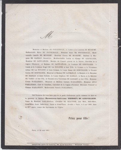 1864 faire part - 1864, mme