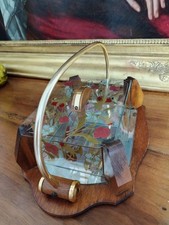 ANCIENNE BOITE A BISCUITS ART DÉCO BOIS ET VERRE DECOR FLORAL PEINT 