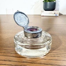 Encrier Ancien en Verre Massif & Couvercle Métal – Circa 1900