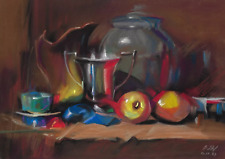 nature morte  avec pots en étain et fruits, original 30x40 cm oeuvre pastel  