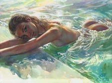 femme nue au bord de la piscine, tableau original 30 x 40 aquarelle moderne