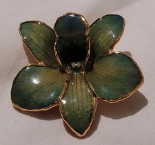 Broche Orchidée Vintage Années 80 – Résine Verte & Dorure Or Fin #MB# Q150